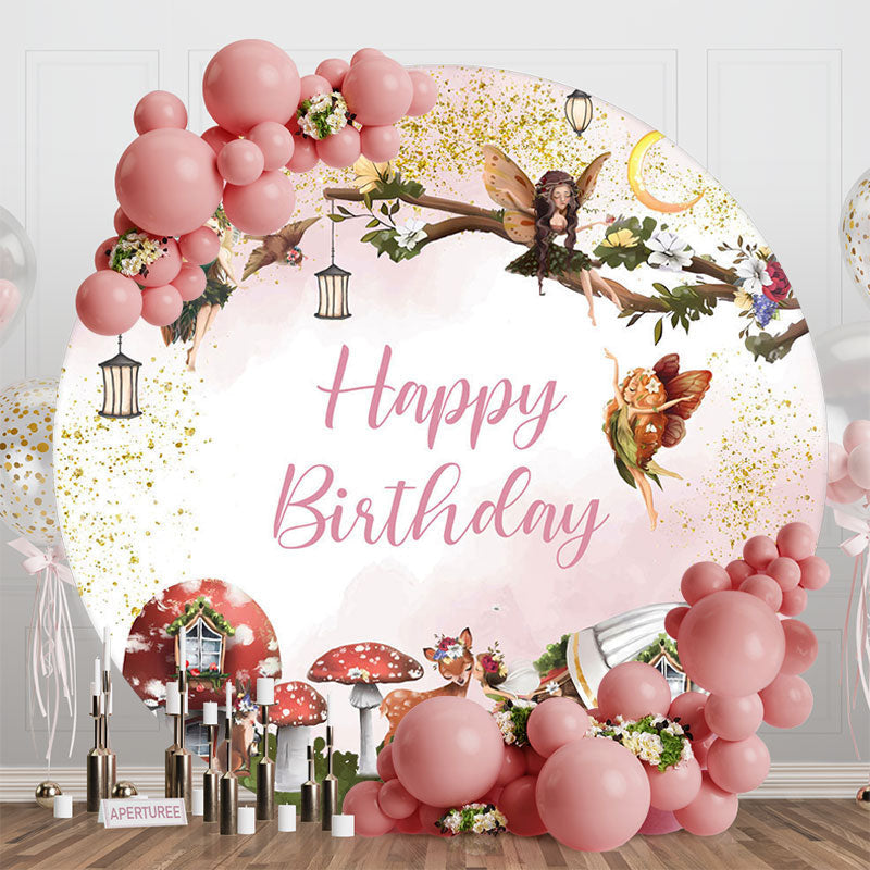 Aperturee - Aperturee Fairy Floral Mushroom Round Happy Birthday Backdrop