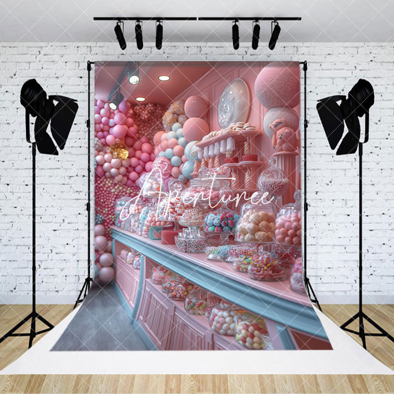 Aperturee - Aperturee Fairy Pink Sweet Candy Store Cake Smash Backdrop