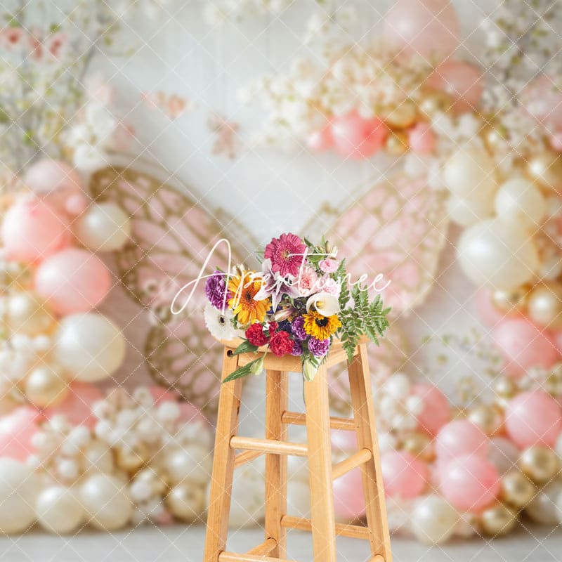 Aperturee - Aperturee Fairy Pink Yellow Balloon Butterfly Cake Smash Backdrop