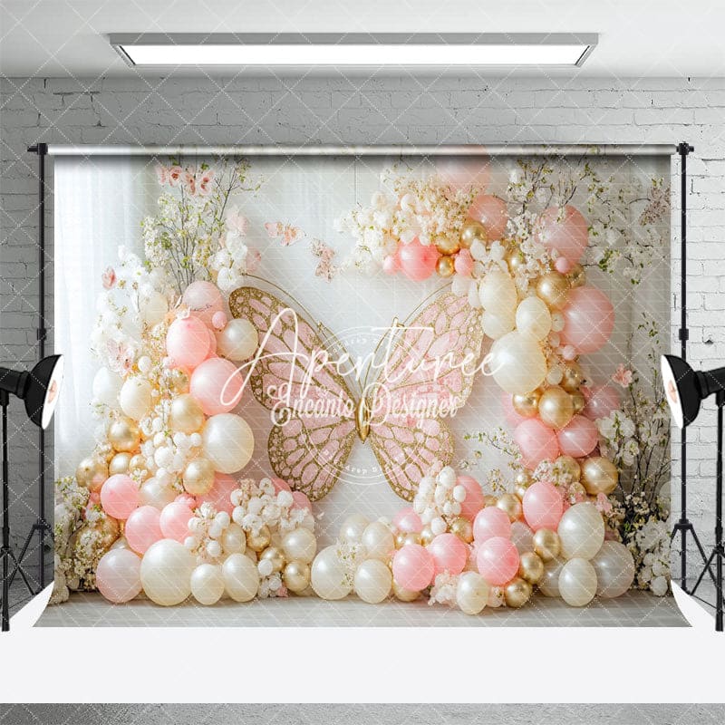 Aperturee - Aperturee Fairy Pink Yellow Balloon Butterfly Cake Smash Backdrop