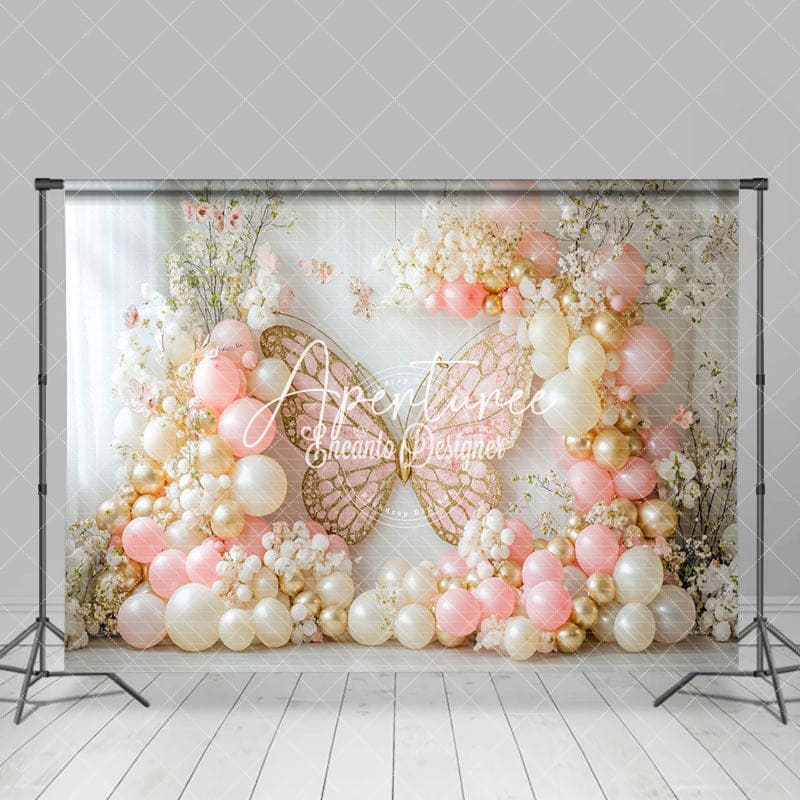 Aperturee - Aperturee Fairy Pink Yellow Balloon Butterfly Cake Smash Backdrop