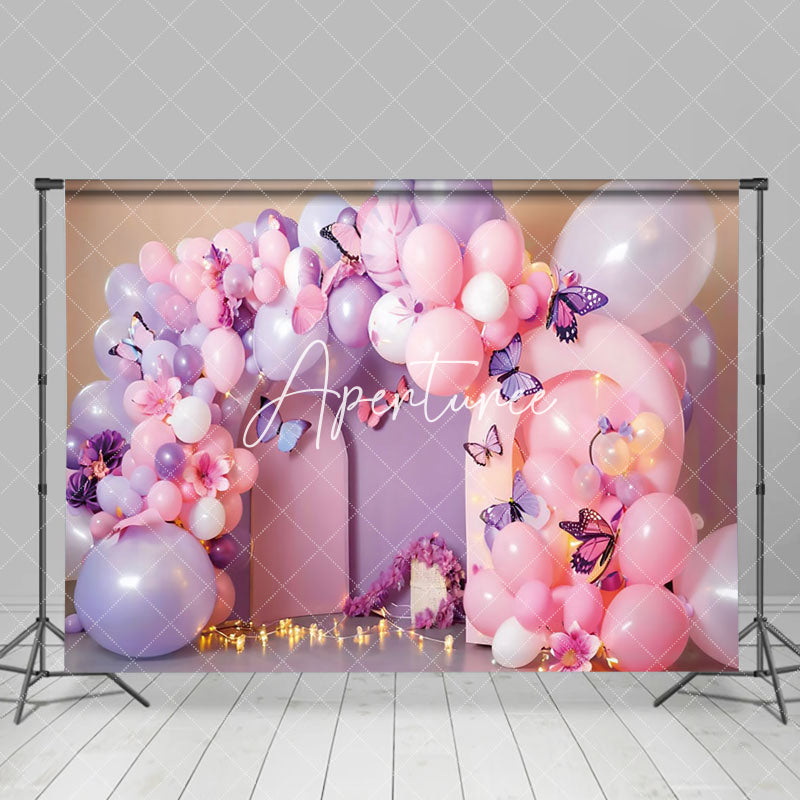 Aperturee - Aperturee Fairy Tale Balloons Arch Floral Cake Smash Backdrop