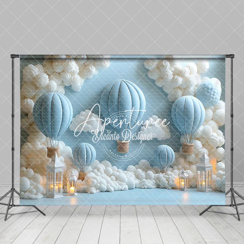 Aperturee - Aperturee Fairy Tale Blue Hot Air Balloon White Cloud Backdrop