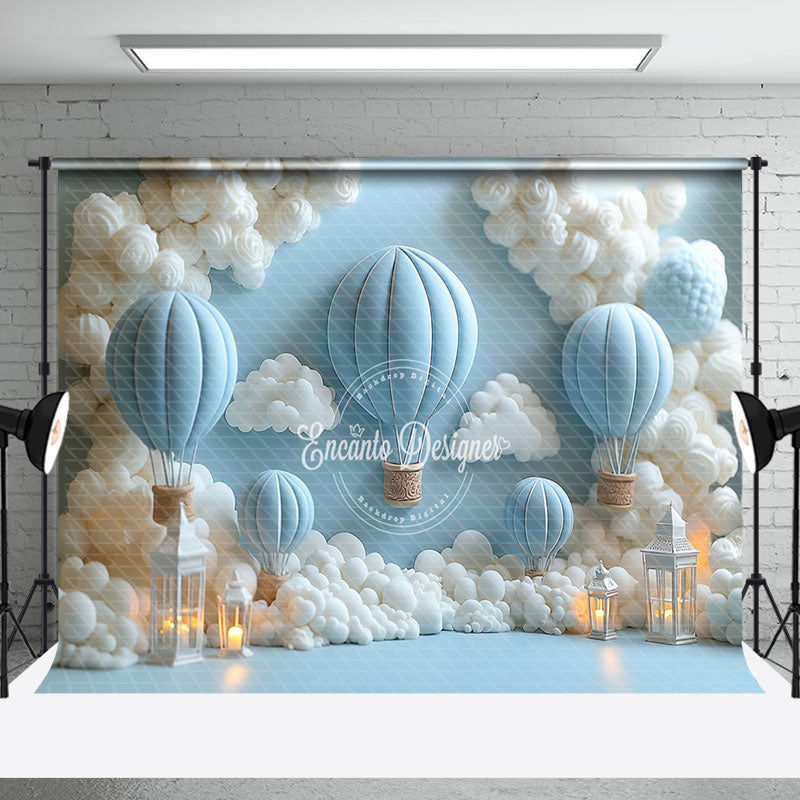 Aperturee - Aperturee Fairy Tale Blue Hot Air Balloon White Cloud Backdrop