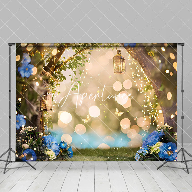 Aperturee - Aperturee Fairy Tale Blue Natural Floral Forest Bokeh Backdrop