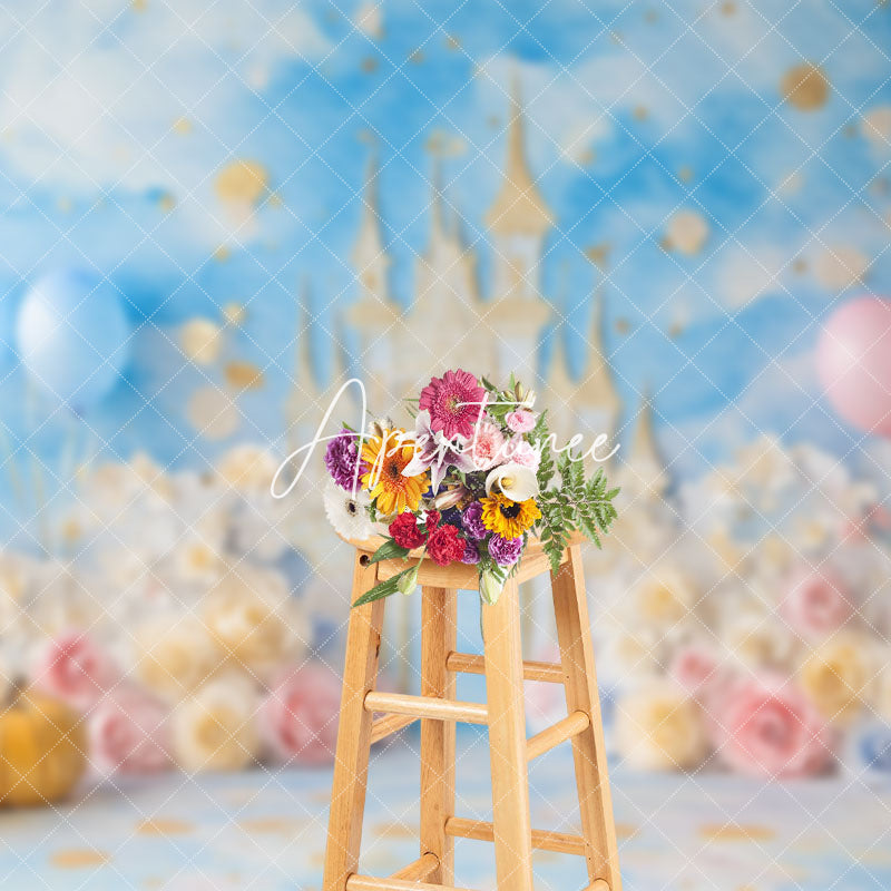 Aperturee - Aperturee Fairy Tale Castle Floral Pumpkin Cake Smash Backdrop