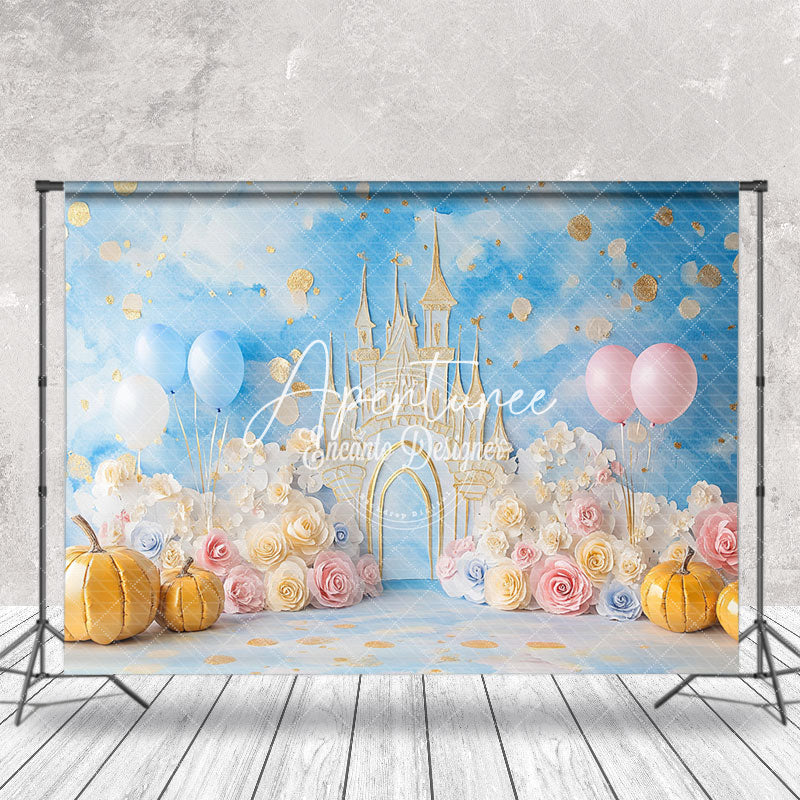 Aperturee - Aperturee Fairy Tale Castle Floral Pumpkin Cake Smash Backdrop