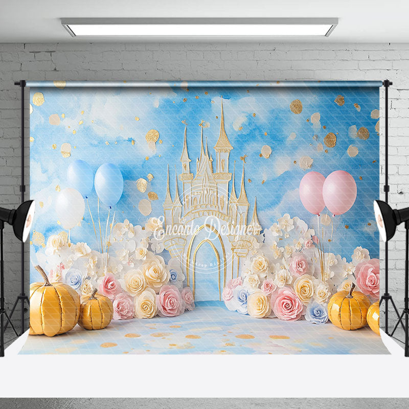 Aperturee - Aperturee Fairy Tale Castle Floral Pumpkin Cake Smash Backdrop