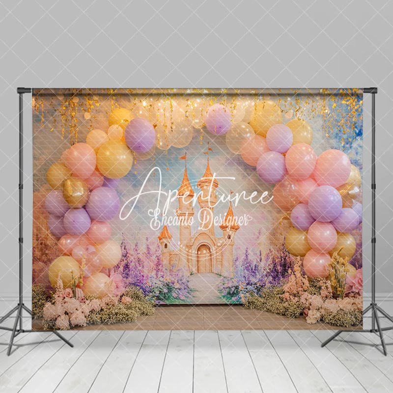 Aperturee - Aperturee Fairy Tale Gold Pink Castle Girl Cake Smash Backdrop