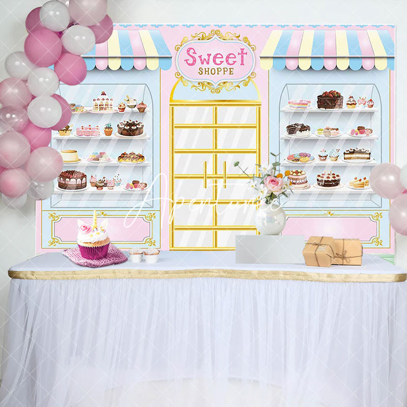 Aperturee - Aperturee Fairy Tale Pink Cake Sweet Shoppe Birthday Backdrop