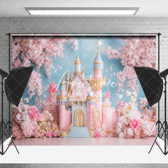 Aperturee - Aperturee Fairy Tale Pink Floral Castle Cake Smash Backdrop