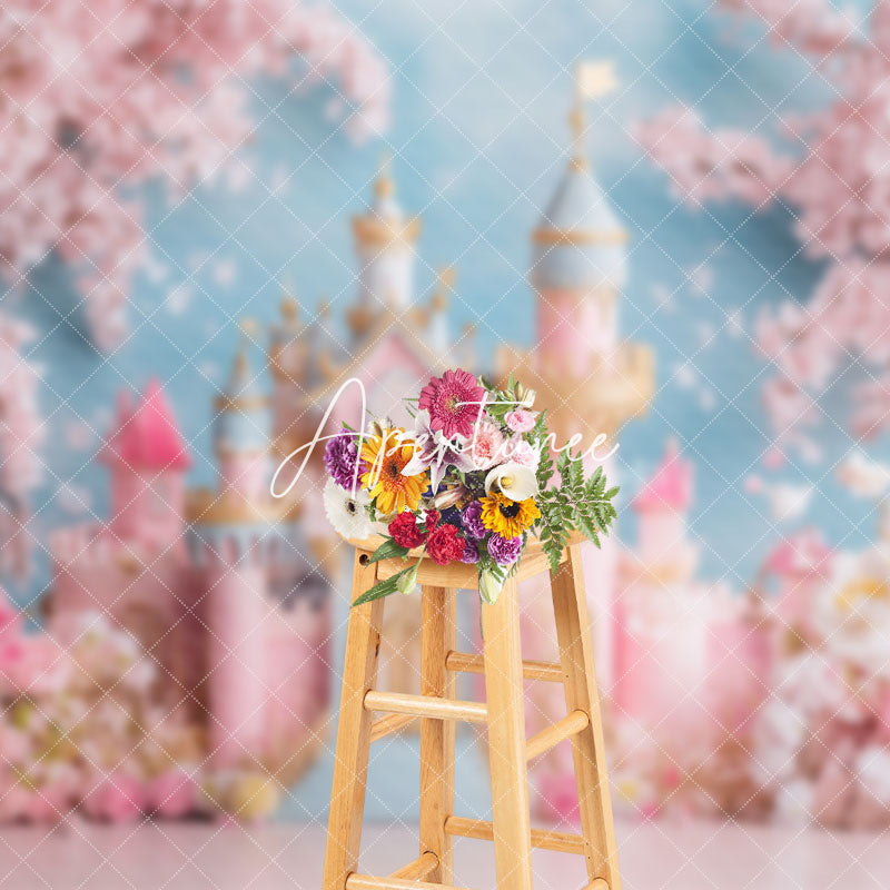 Aperturee - Aperturee Fairy Tale Pink Floral Castle Cake Smash Backdrop