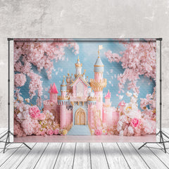 Aperturee - Aperturee Fairy Tale Pink Floral Castle Cake Smash Backdrop