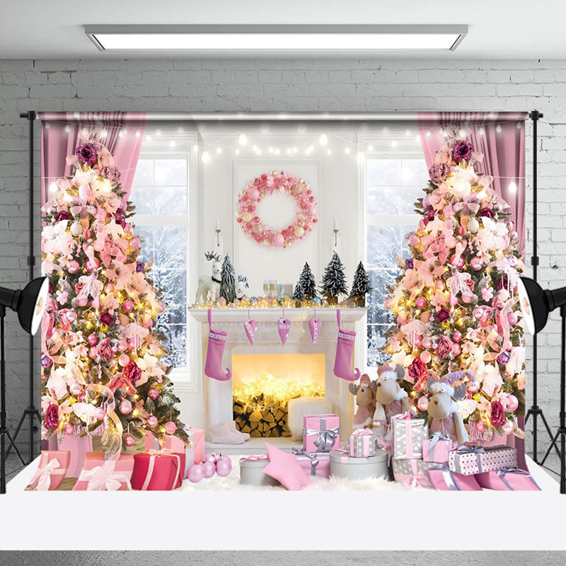 Aperturee - Aperturee Fairy Tale Pink Snowy Window View Christmas Backdrop