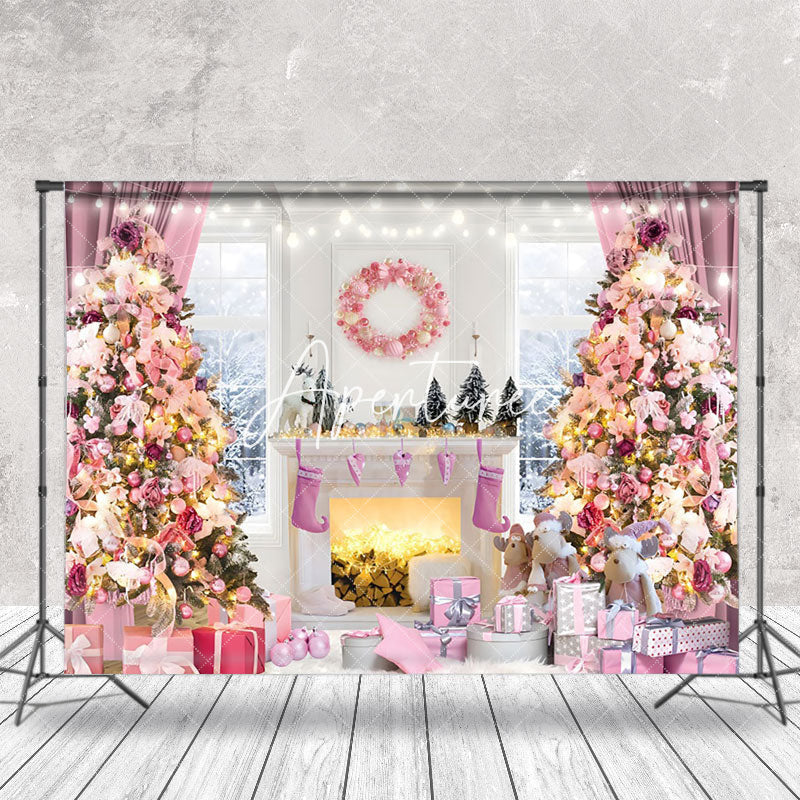 Aperturee - Aperturee Fairy Tale Pink Snowy Window View Christmas Backdrop