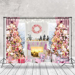 Aperturee - Aperturee Fairy Tale Pink Snowy Window View Christmas Backdrop