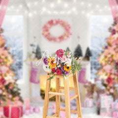 Aperturee - Aperturee Fairy Tale Pink Snowy Window View Christmas Backdrop