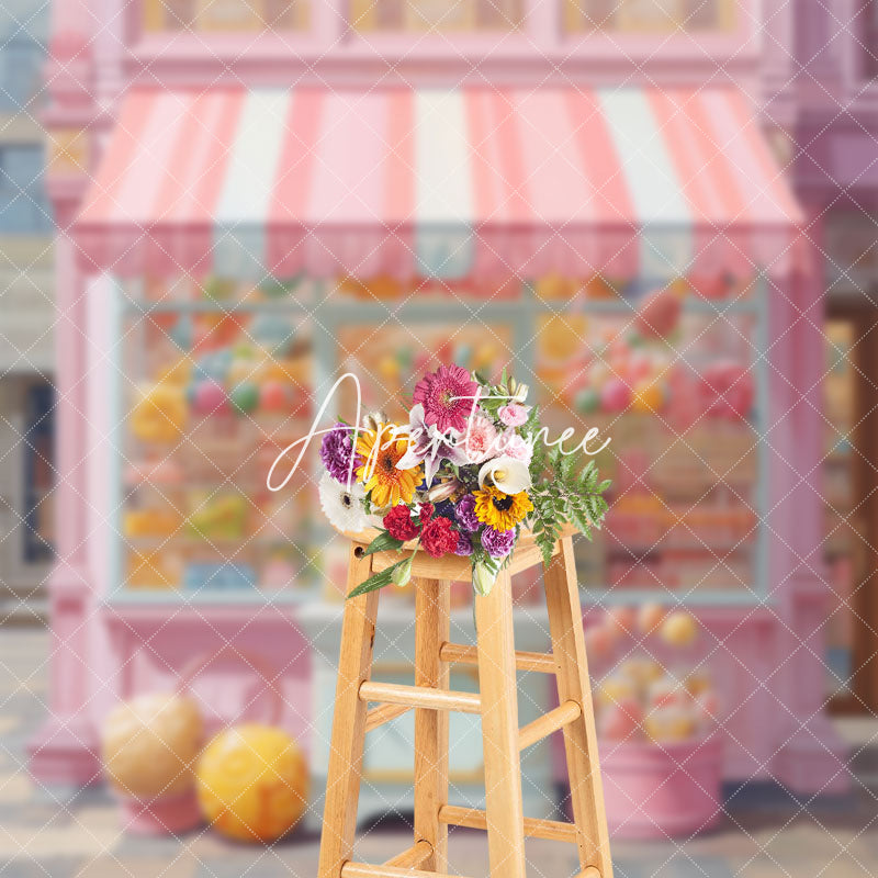 Aperturee - Aperturee Fairy Tale Pink Street Candy Shop Cake Smash Backdrop