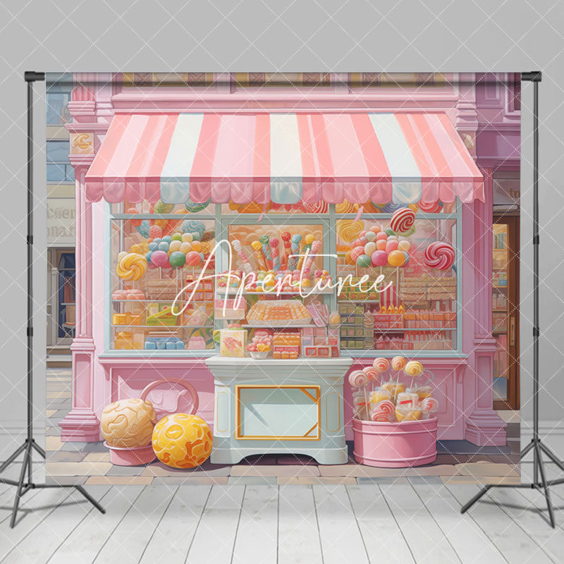 Aperturee - Aperturee Fairy Tale Pink Street Candy Shop Cake Smash Backdrop