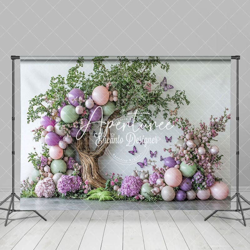 Aperturee - Aperturee Fairy Tree Balloons Floral Cake Smash Photo Backdrop