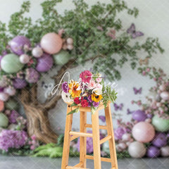 Aperturee - Aperturee Fairy Tree Balloons Floral Cake Smash Photo Backdrop