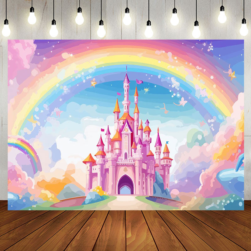 Aperturee - Aperturee Fairytale Castle Golden Crowns Rainbow Sky Backdrop