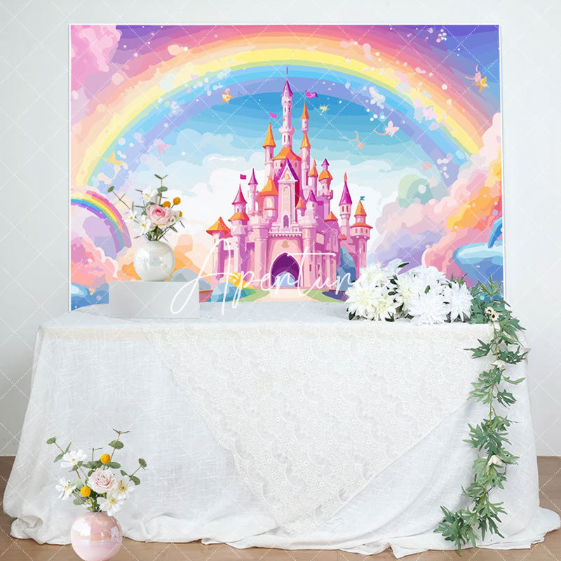 Aperturee - Aperturee Fairytale Castle Golden Crowns Rainbow Sky Backdrop