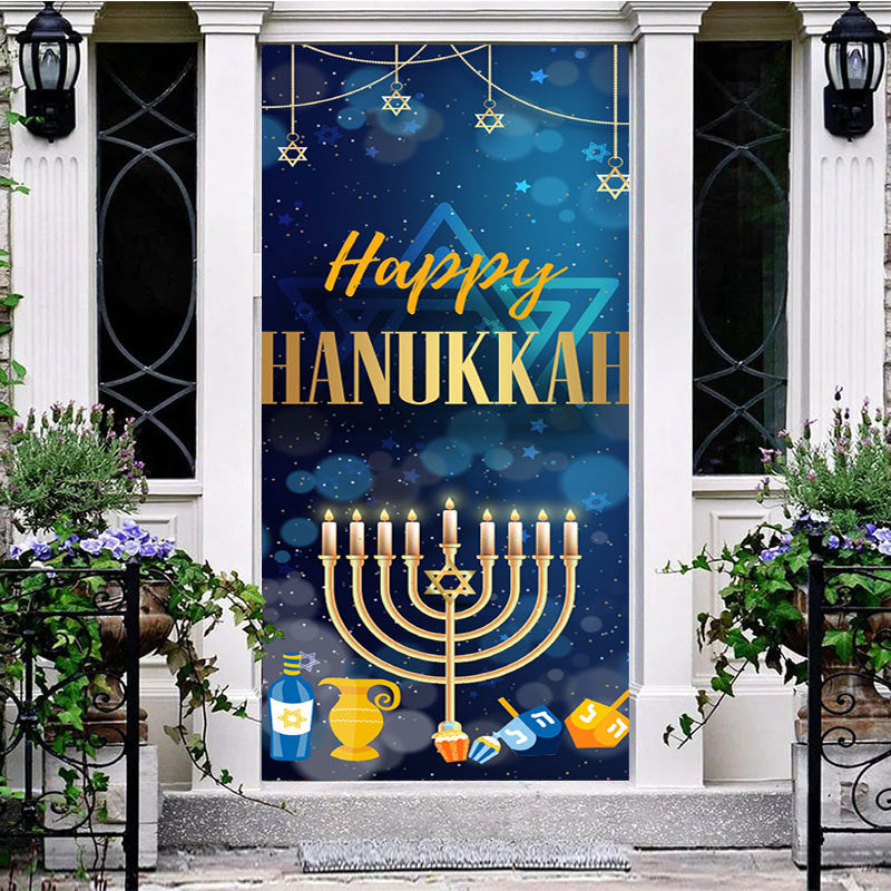 Aperturee - Aperturee Fantasy Blue Bokeh Candlestick Hanukkah Door Cover