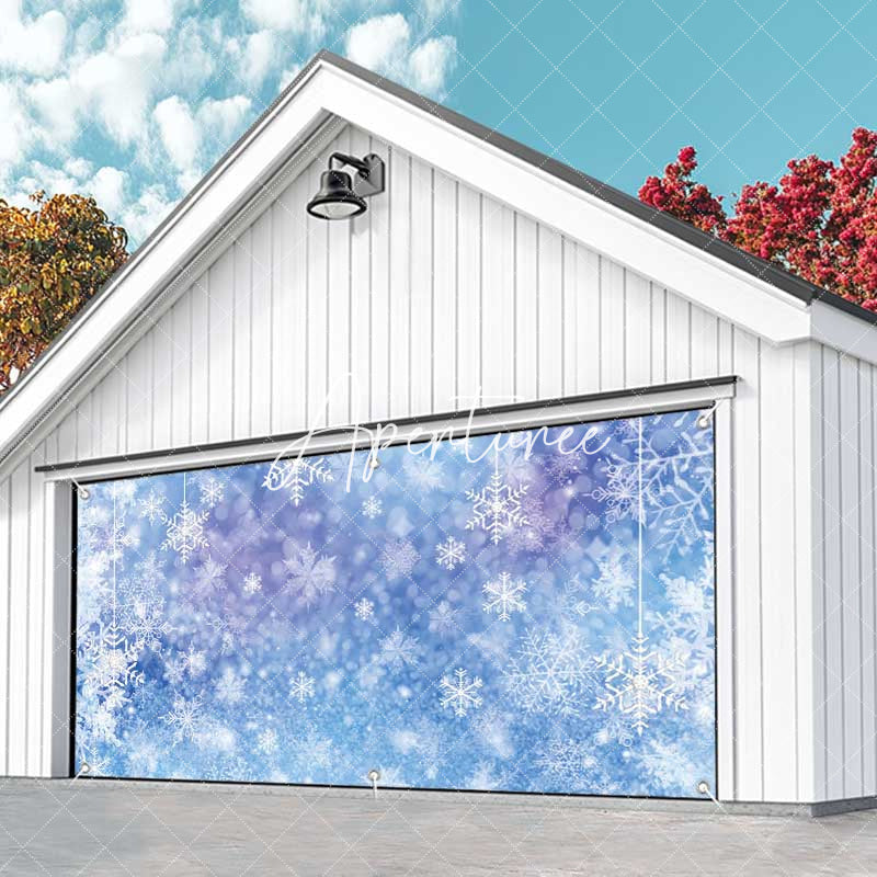 Aperturee - Aperturee Fantasy Blue Snowflakes Bokeh Garage Door Banner