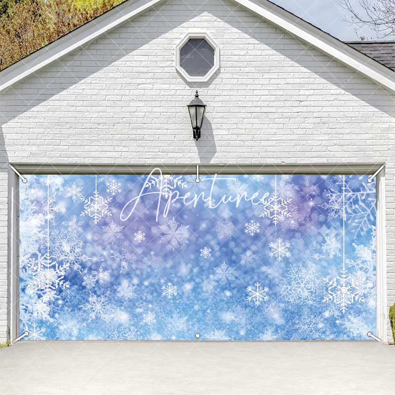 Aperturee - Aperturee Fantasy Blue Snowflakes Bokeh Garage Door Banner