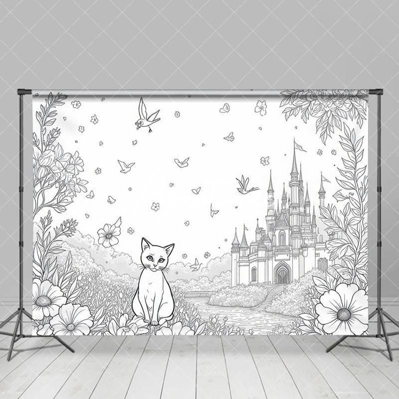 Aperturee - Aperturee Fantasy Scene Sitting Cat Flowers Castle Backdrop