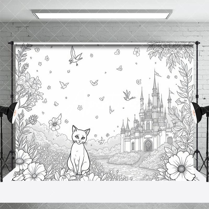 Aperturee - Aperturee Fantasy Scene Sitting Cat Flowers Castle Backdrop