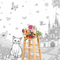 Aperturee - Aperturee Fantasy Scene Sitting Cat Flowers Castle Backdrop