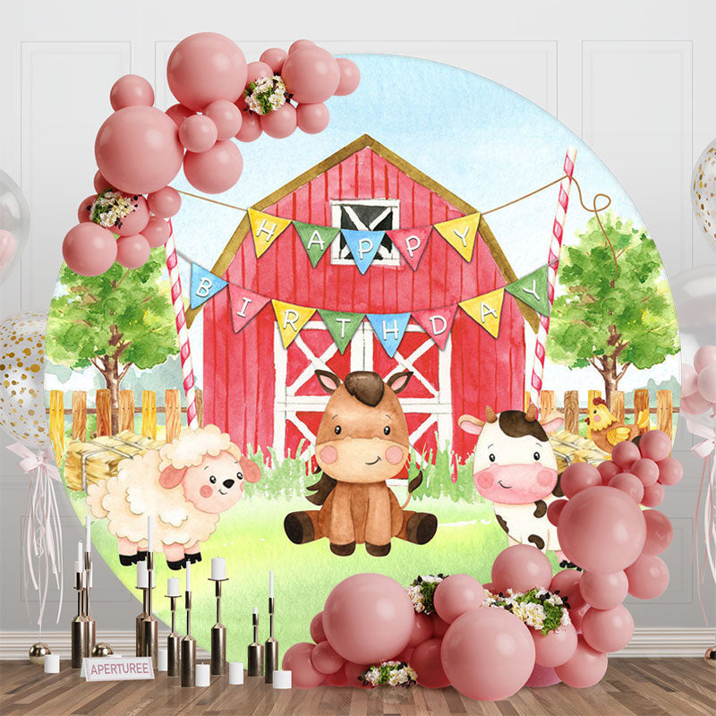 Aperturee - Aperturee Farm Animals Red Barn Round Happy Birthday Backdrop