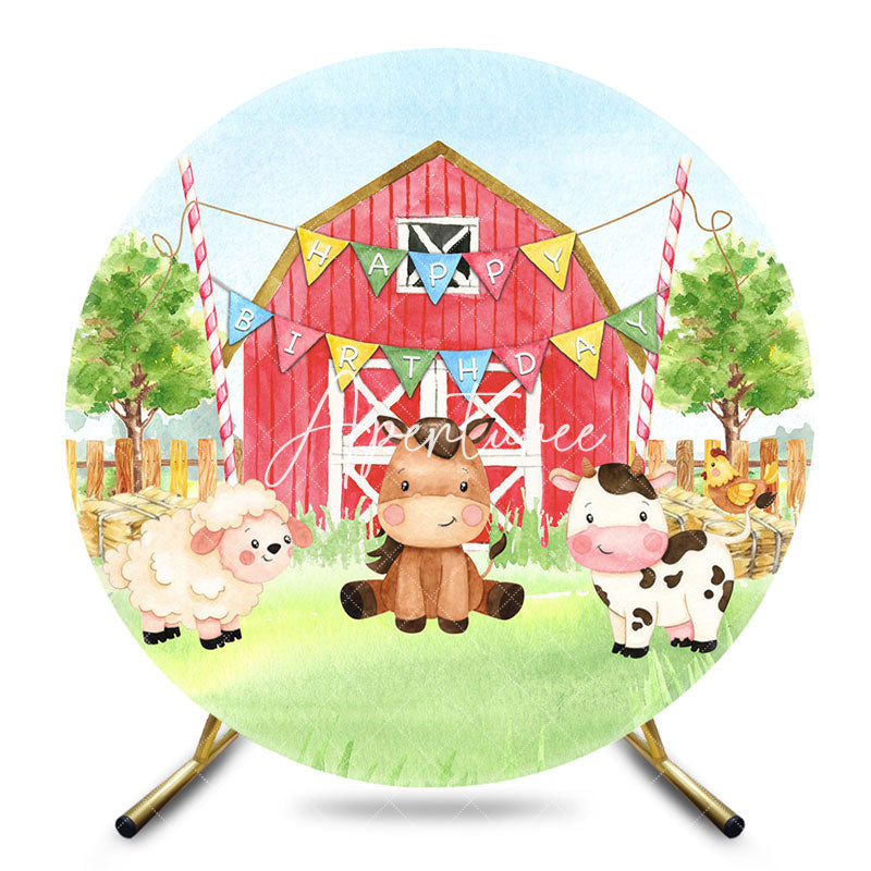 Aperturee - Aperturee Farm Animals Red Barn Round Happy Birthday Backdrop