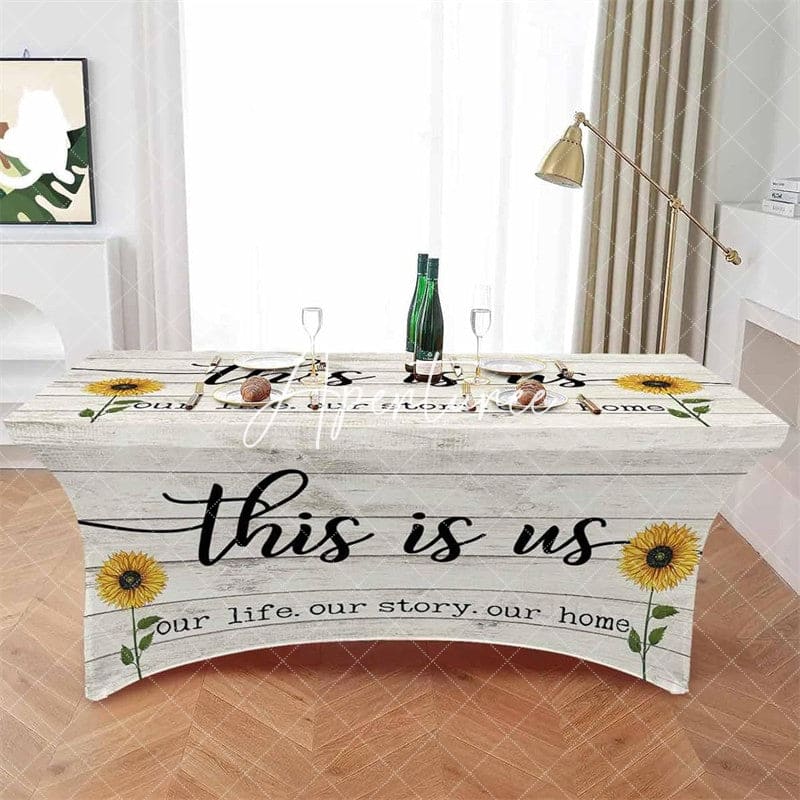 Aperturee - Aperturee Farm Watercolor Sunflower Quote Stretch Table Cover