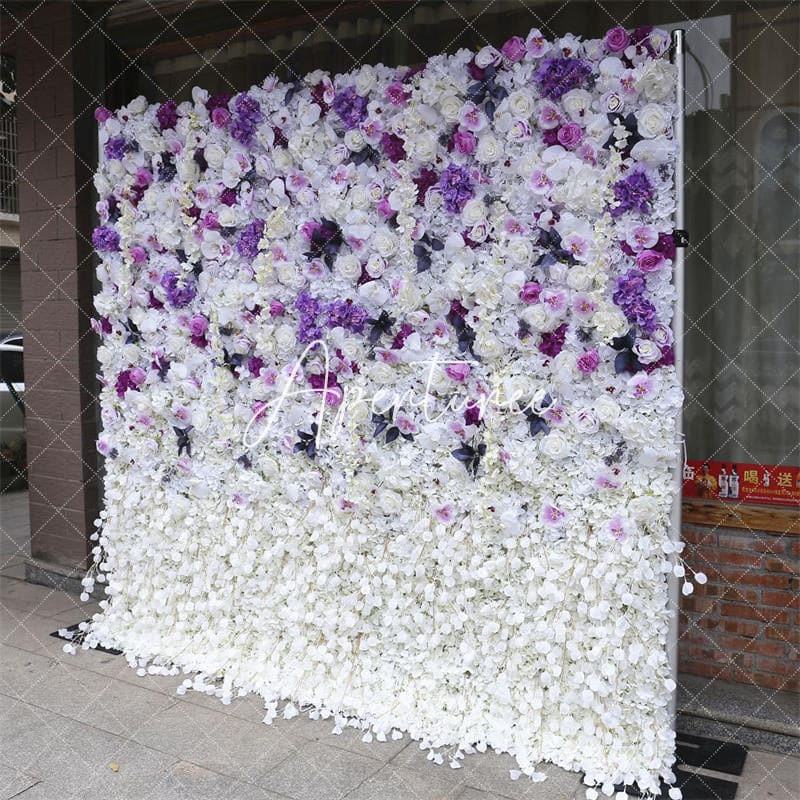 Aperturee - Aperturee Faux Purple And White Flower Wall Wedding Party Decor