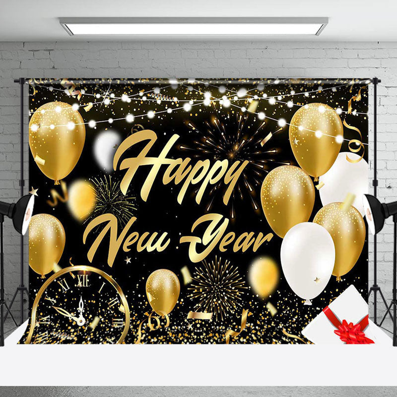 Aperturee - Aperturee Festive Black Gold Balloon Happy New Year Backdrop