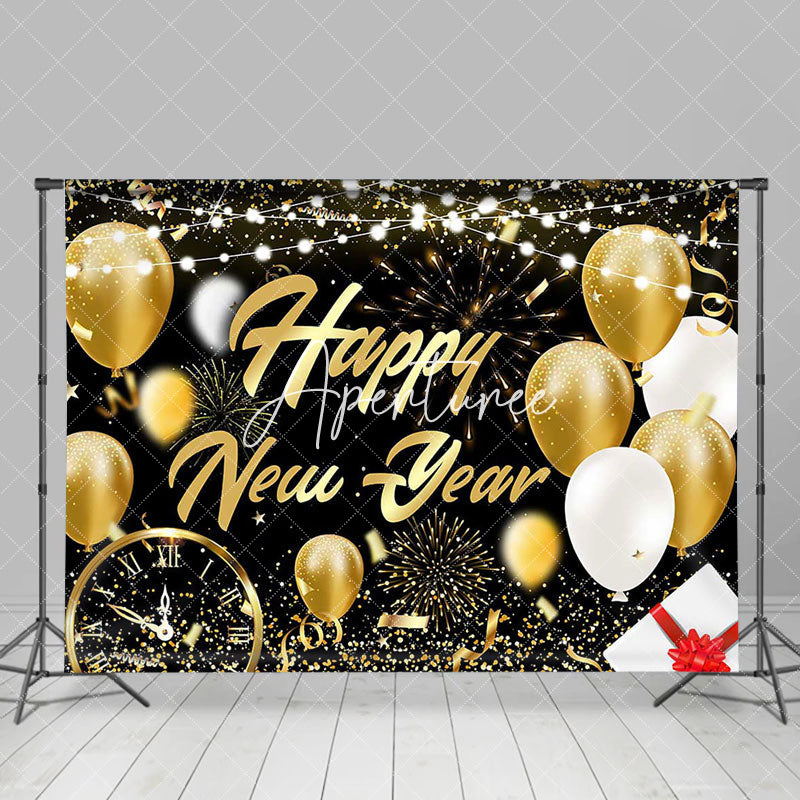 Aperturee - Aperturee Festive Black Gold Balloon Happy New Year Backdrop