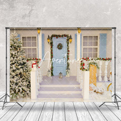 Aperturee - Aperturee Festive Blue Door Snowy House Steps Xmas Backdrop