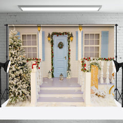 Aperturee - Aperturee Festive Blue Door Snowy House Steps Xmas Backdrop