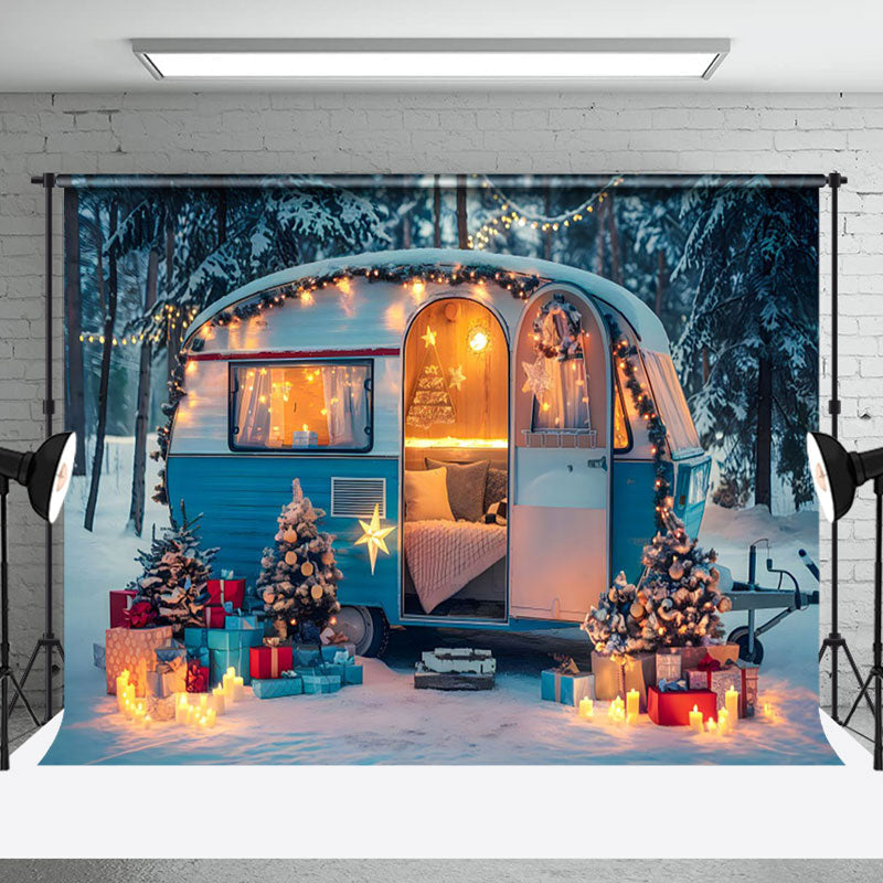 Aperturee - Aperturee Festive Blue White Camper Van Winter Forest Backdrop