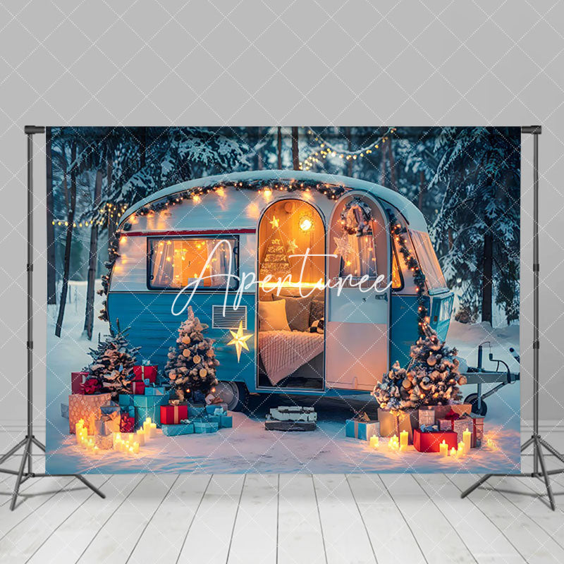 Aperturee - Aperturee Festive Blue White Camper Van Winter Forest Backdrop