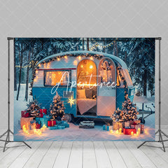 Aperturee - Aperturee Festive Blue White Camper Van Winter Forest Backdrop