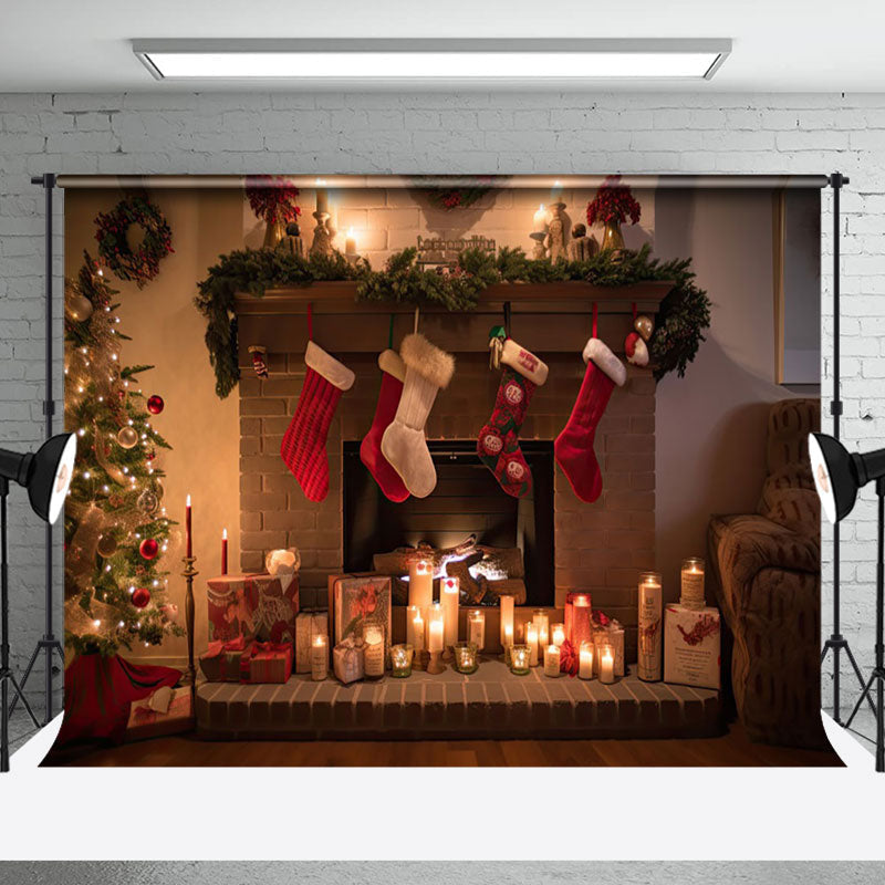 Aperturee - Aperturee Festive Christmas Fireplace Warm Pillows Backdrop