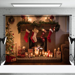 Aperturee - Aperturee Festive Christmas Fireplace Warm Pillows Backdrop