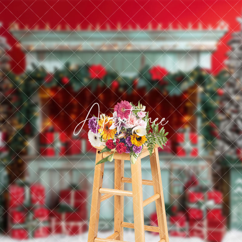 Aperturee - Aperturee Festive Christmas Red Wall Green Shelves Backdrop