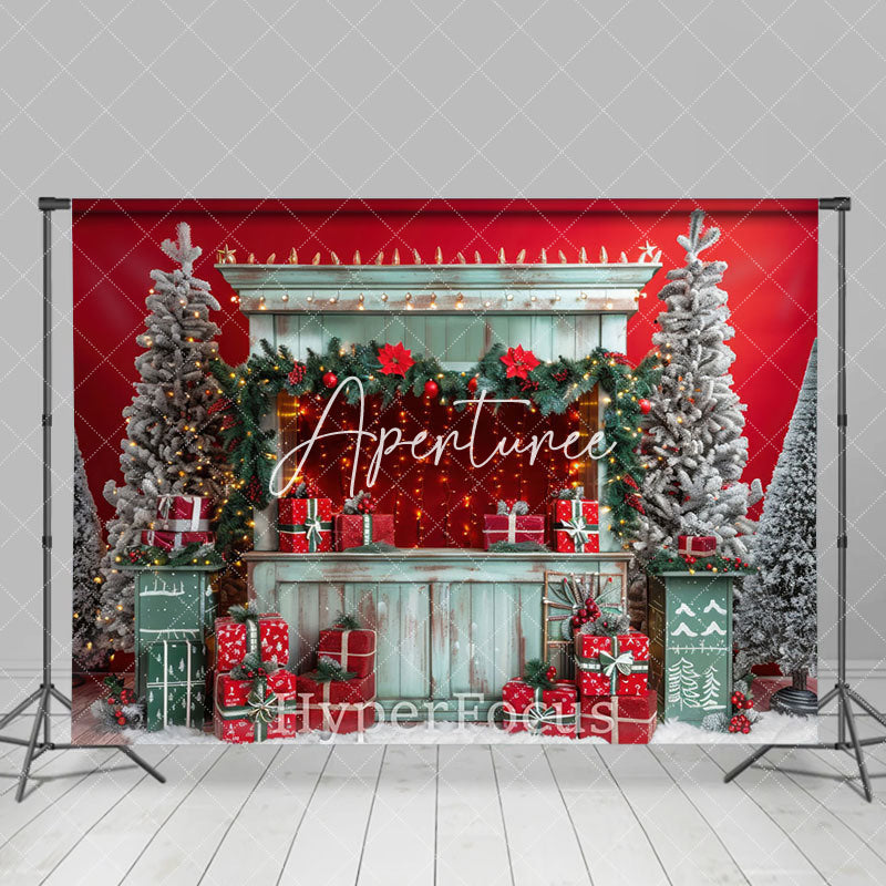 Aperturee - Aperturee Festive Christmas Red Wall Green Shelves Backdrop