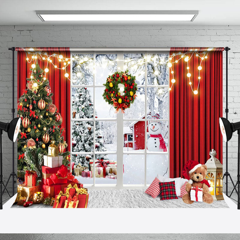 Aperturee - Aperturee Festive Christmas Snowy Forest Window Scene Backdrop