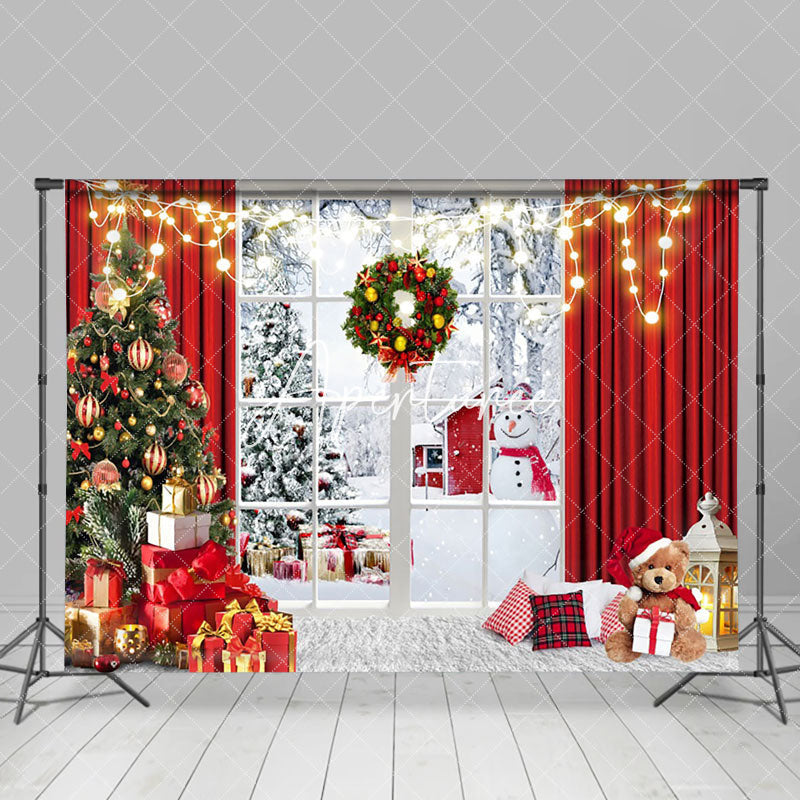 Aperturee - Aperturee Festive Christmas Snowy Forest Window Scene Backdrop